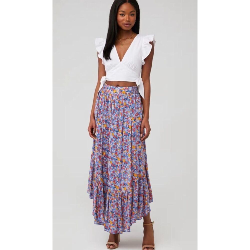 Free People Pretty Daze Floral Maxi Skirt Sky Blue Combo Size Small S EUC